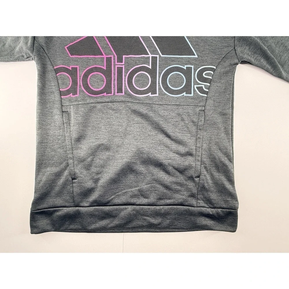 Adidas Youth Unisex Hoodie Size Large Gray Pink‎ Blue Logo Pullover Pockets